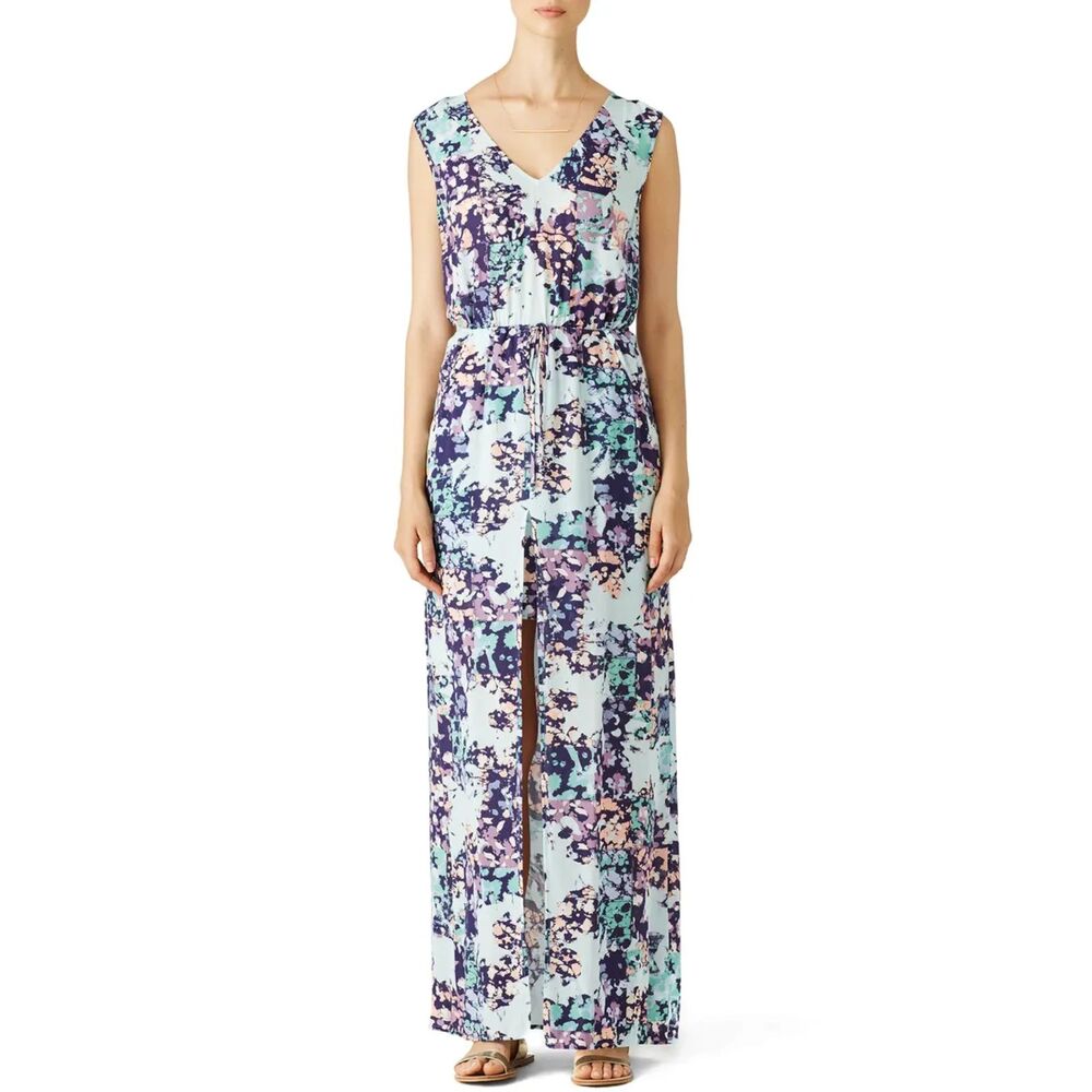 BCBGMaxAzria Blue Taren Chiffon Boho Fairy Floral Cutout Maxi Dress, Size XS
